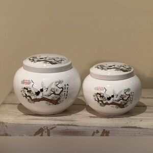 Elegant White Chinese Ginger Jars Cranes and Bamboo Set of Two
